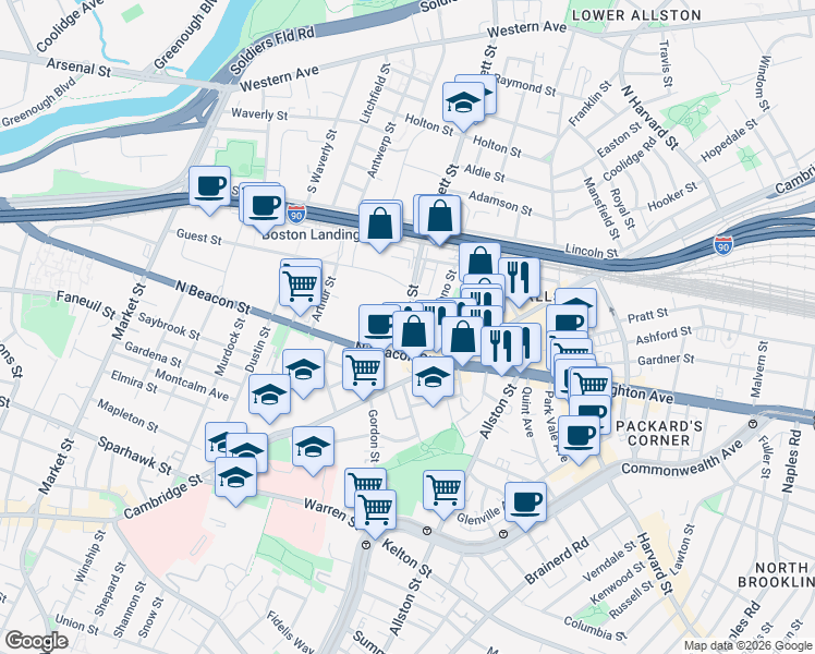 map of restaurants, bars, coffee shops, grocery stores, and more near in Boston