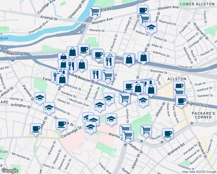 map of restaurants, bars, coffee shops, grocery stores, and more near 100 North Beacon Street in Boston
