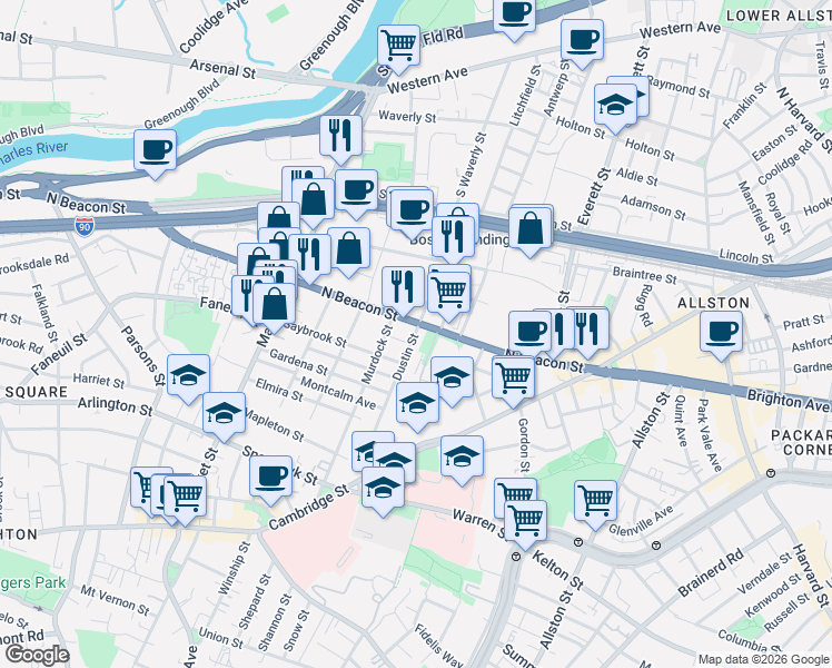 map of restaurants, bars, coffee shops, grocery stores, and more near 104 Dustin Street in Boston