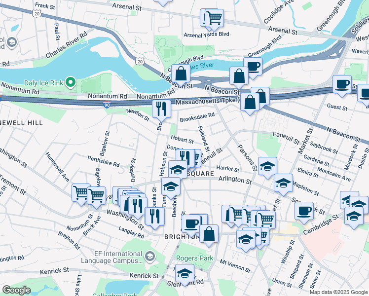 map of restaurants, bars, coffee shops, grocery stores, and more near 17 Newcastle Road in Boston