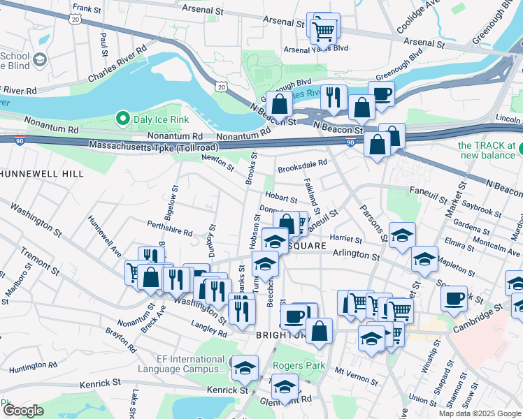 map of restaurants, bars, coffee shops, grocery stores, and more near 43 Newcastle Road in Boston