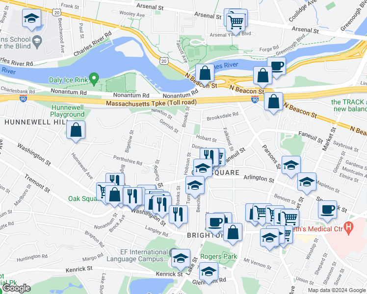 map of restaurants, bars, coffee shops, grocery stores, and more near 103 Brooks Street in Boston