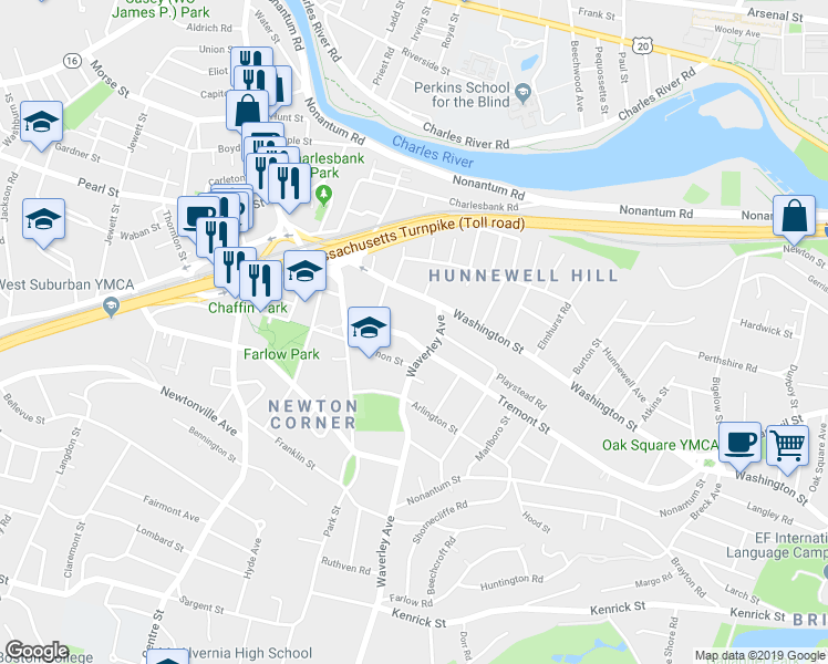 map of restaurants, bars, coffee shops, grocery stores, and more near 45 Waverley Avenue in Newton