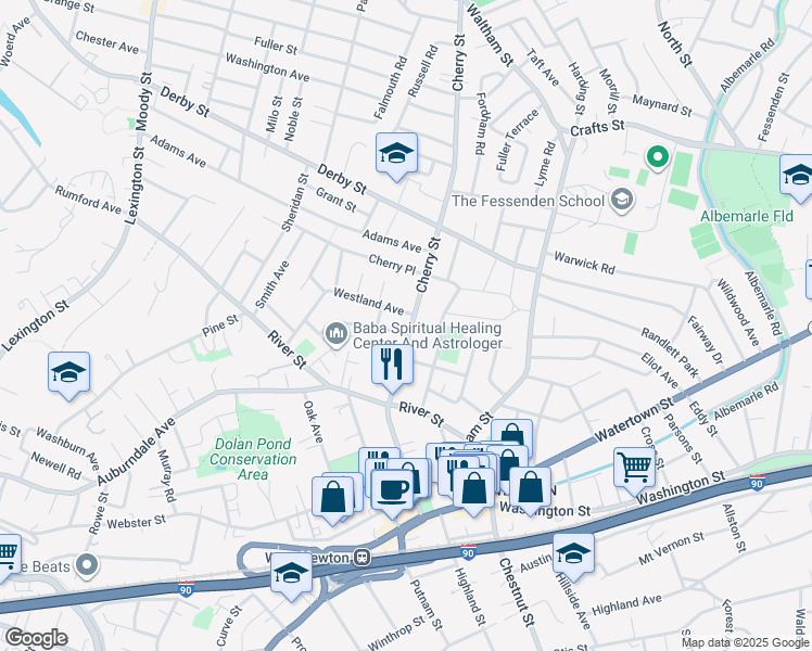map of restaurants, bars, coffee shops, grocery stores, and more near 305 Cherry Street in Newton