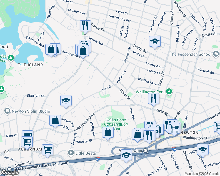 map of restaurants, bars, coffee shops, grocery stores, and more near 198A River Street in Newton