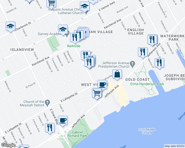 map of restaurants, bars, coffee shops, grocery stores, and more near 1050 Van Dyke Street in Detroit