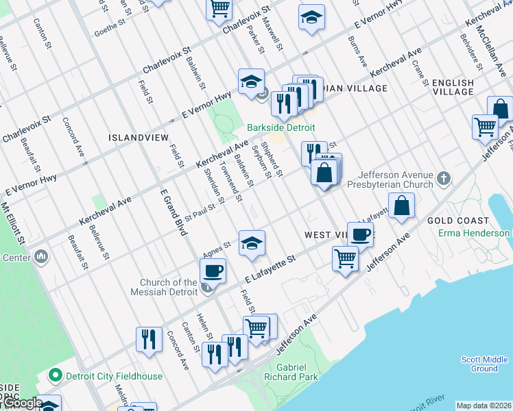 map of restaurants, bars, coffee shops, grocery stores, and more near 1421 Baldwin Street in Detroit