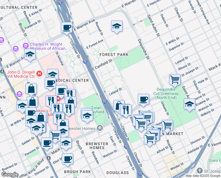 map of restaurants, bars, coffee shops, grocery stores, and more near 3900 Chrysler Drive in Detroit