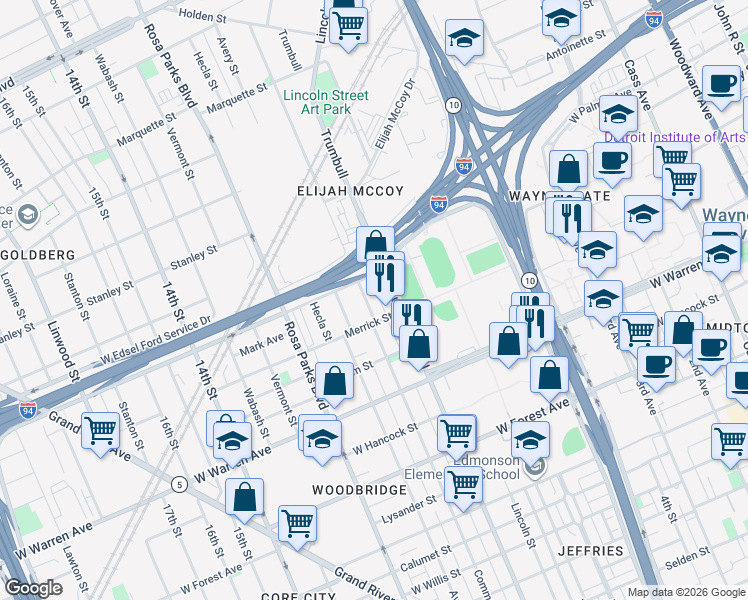 map of restaurants, bars, coffee shops, grocery stores, and more near 1541 Merrick Street in Detroit