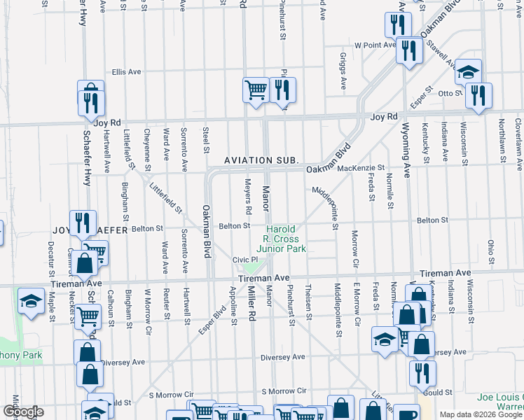 map of restaurants, bars, coffee shops, grocery stores, and more near 8202 Manor in Detroit