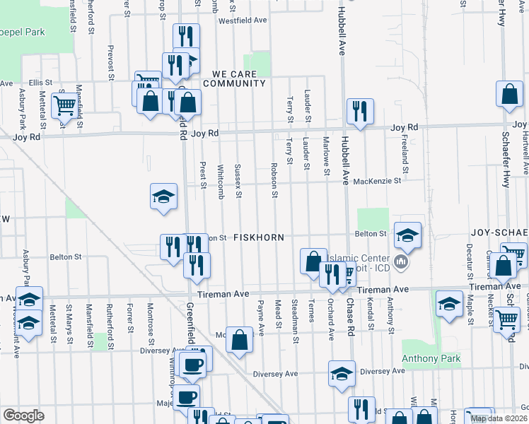 map of restaurants, bars, coffee shops, grocery stores, and more near 8227 Robson Street in Detroit