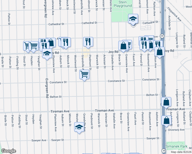 map of restaurants, bars, coffee shops, grocery stores, and more near 8317 Warwick Street in Detroit
