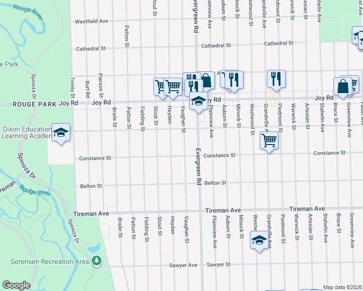 map of restaurants, bars, coffee shops, grocery stores, and more near 8400 Heyden in Detroit