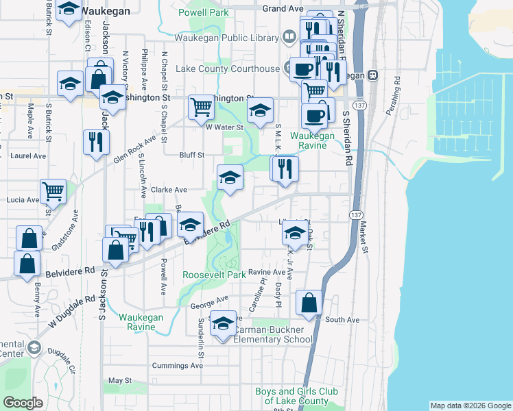 map of restaurants, bars, coffee shops, grocery stores, and more near 421 Belvidere Street in Waukegan