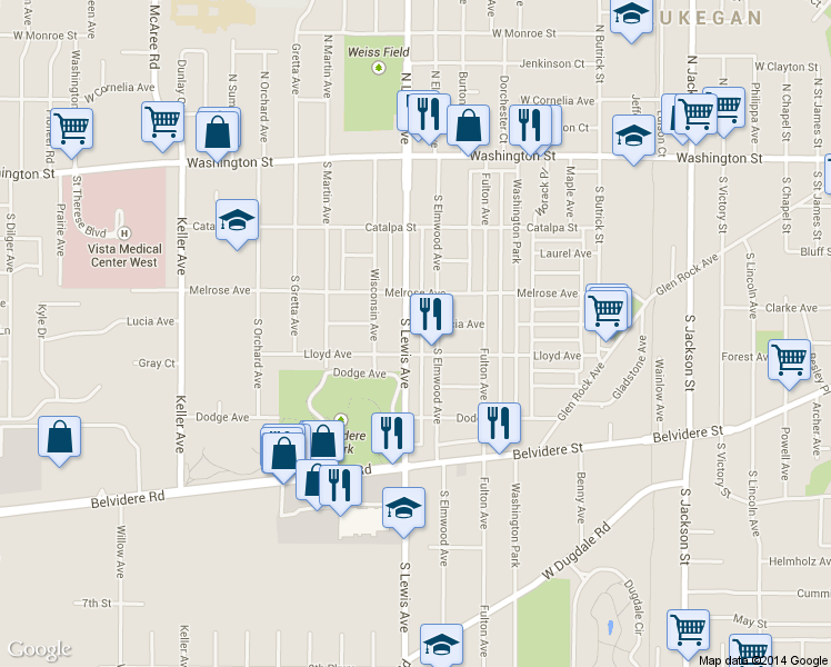 map of restaurants, bars, coffee shops, grocery stores, and more near 402 South Elmwood Avenue in Waukegan