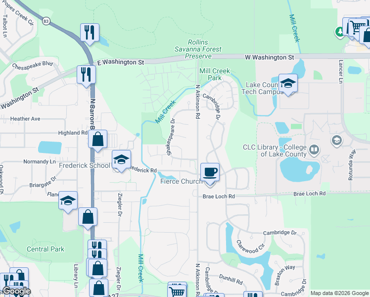 map of restaurants, bars, coffee shops, grocery stores, and more near 520 Shakespeare Drive in Grayslake
