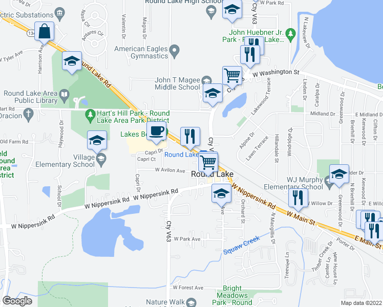 map of restaurants, bars, coffee shops, grocery stores, and more near 499 Railroad Ave in Round Lake