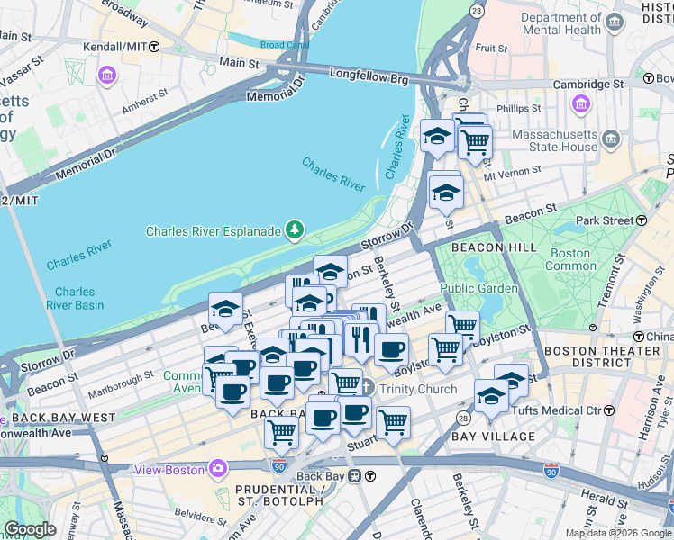 map of restaurants, bars, coffee shops, grocery stores, and more near in Boston
