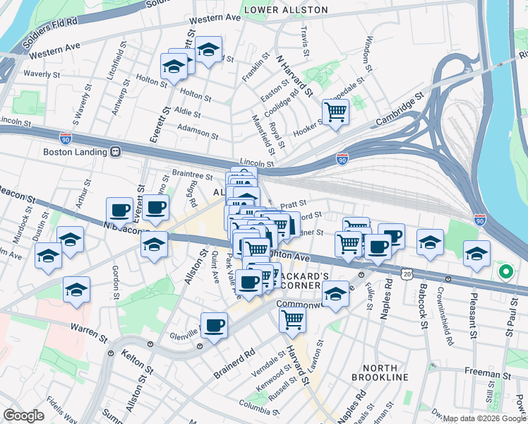 map of restaurants, bars, coffee shops, grocery stores, and more near 9 Farrington Avenue in Boston