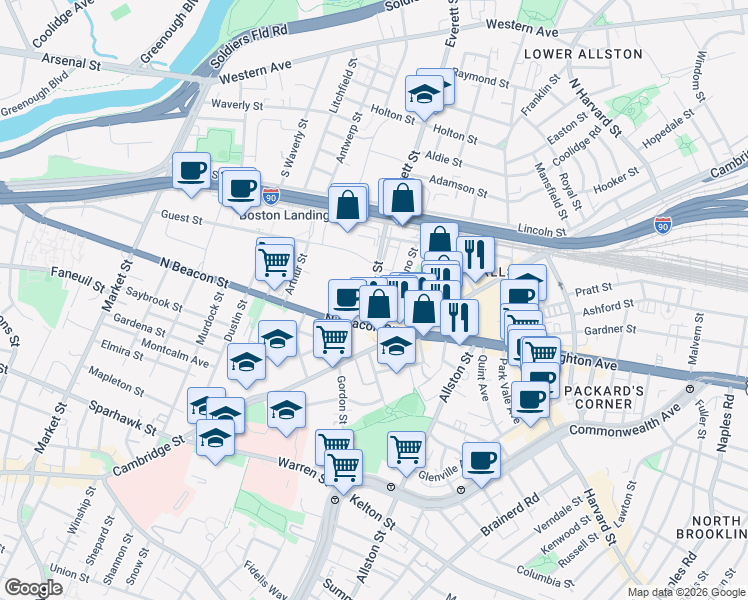 map of restaurants, bars, coffee shops, grocery stores, and more near in Boston