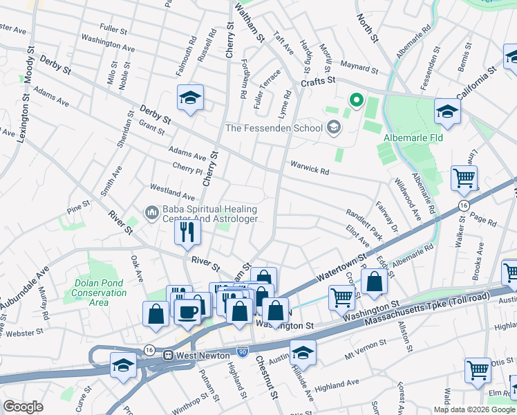 map of restaurants, bars, coffee shops, grocery stores, and more near 23 Princess Road in Newton