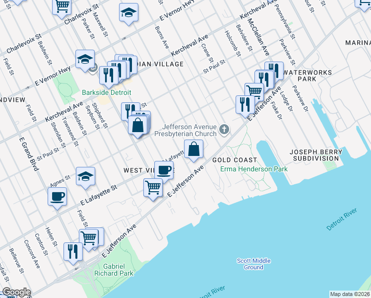 map of restaurants, bars, coffee shops, grocery stores, and more near 779 Seminole Street in Detroit