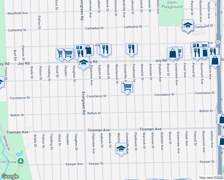 map of restaurants, bars, coffee shops, grocery stores, and more near 8318 Minock Street in Detroit