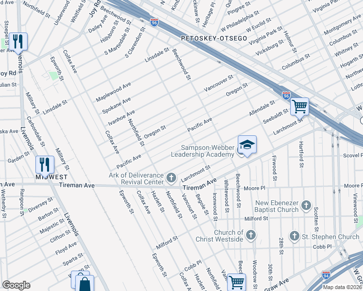 map of restaurants, bars, coffee shops, grocery stores, and more near 5259 Allendale Street in Detroit