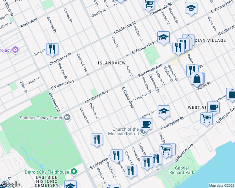 map of restaurants, bars, coffee shops, grocery stores, and more near 1764 Canton Street in Detroit