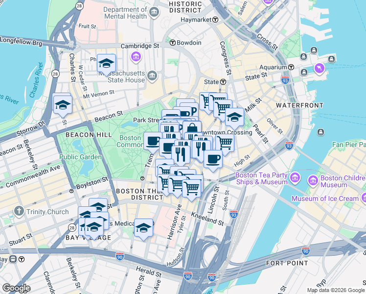 map of restaurants, bars, coffee shops, grocery stores, and more near 8 Harrison Avenue in Boston