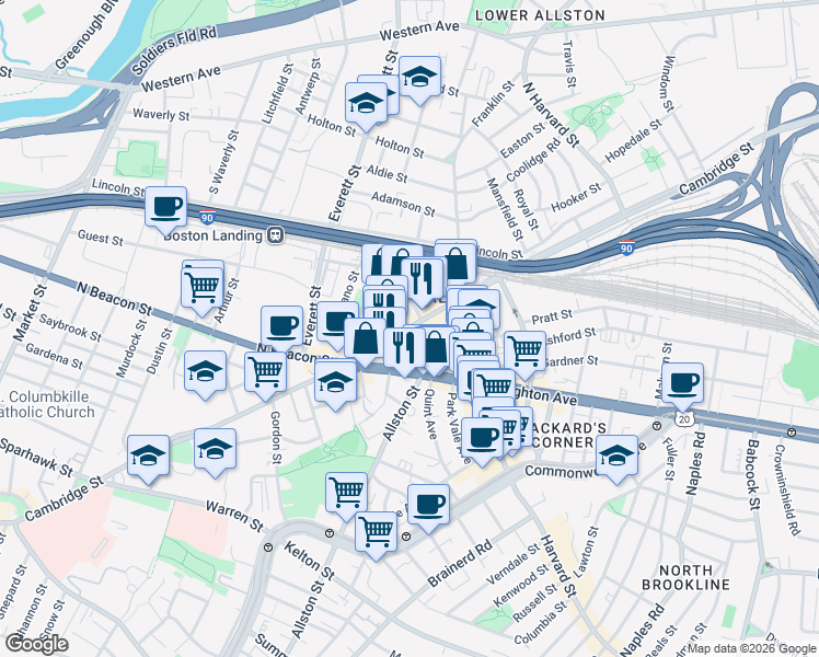 map of restaurants, bars, coffee shops, grocery stores, and more near B2 Cambridge Street in Boston