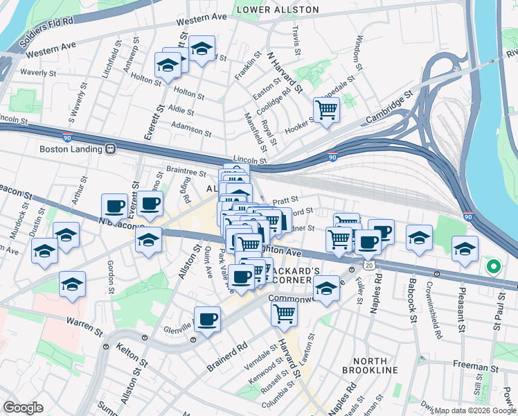 map of restaurants, bars, coffee shops, grocery stores, and more near 9 Farrington Avenue in Boston