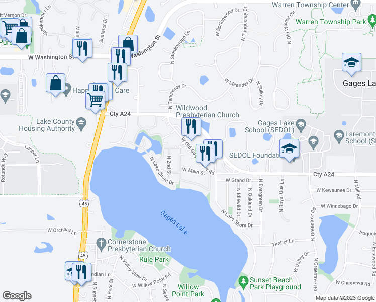 map of restaurants, bars, coffee shops, grocery stores, and more near 18583 West Old Gages Lake Road in Grayslake
