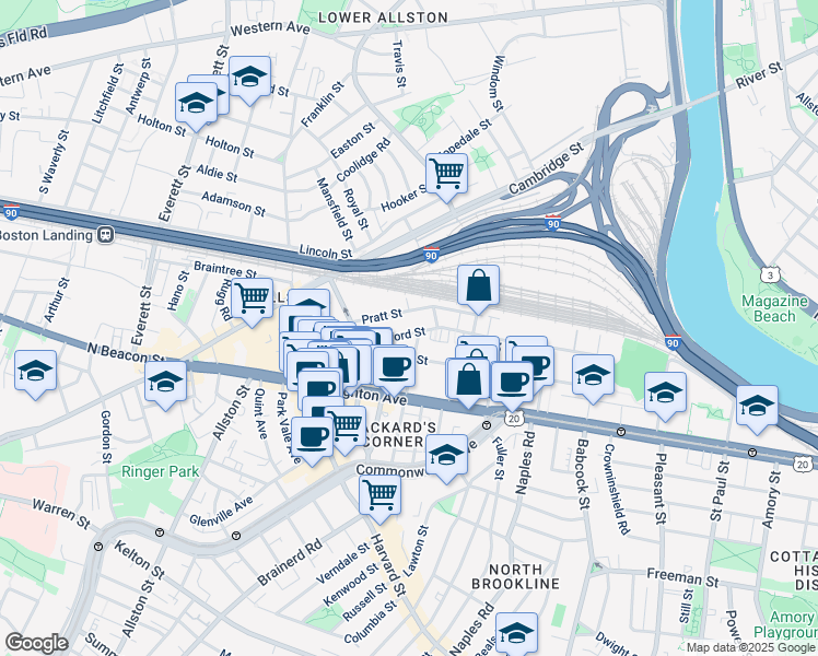 map of restaurants, bars, coffee shops, grocery stores, and more near 26 Ashford Street in Boston