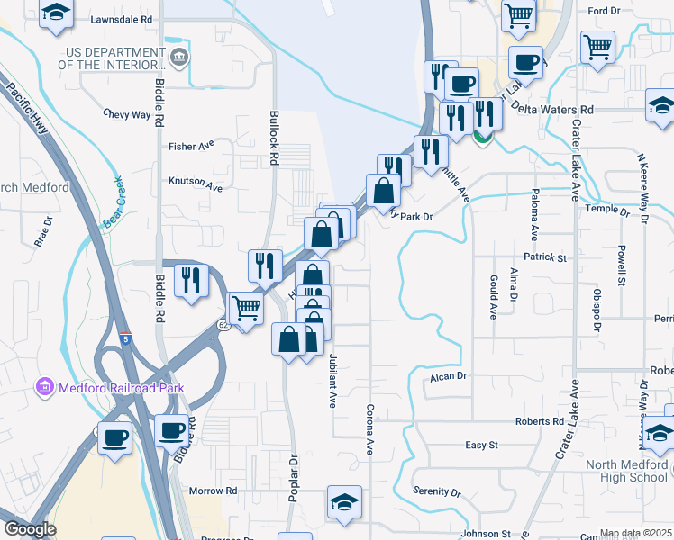map of restaurants, bars, coffee shops, grocery stores, and more near 2533 Corona Avenue in Medford