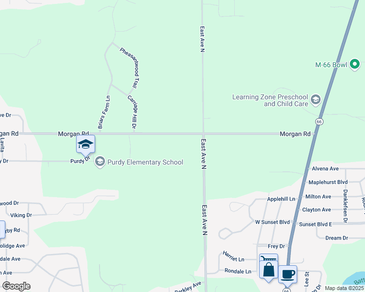 map of restaurants, bars, coffee shops, grocery stores, and more near 19381 East Avenue North in Battle Creek