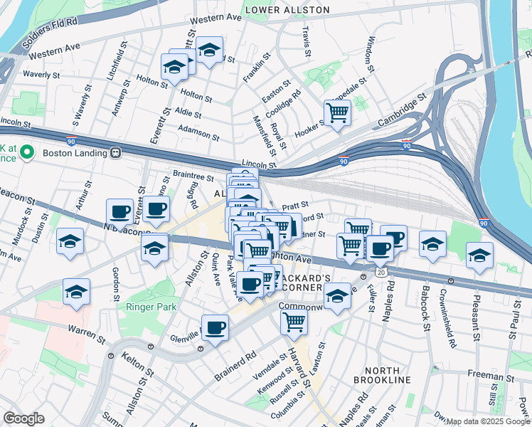 map of restaurants, bars, coffee shops, grocery stores, and more near 9 Farrington Avenue in Boston