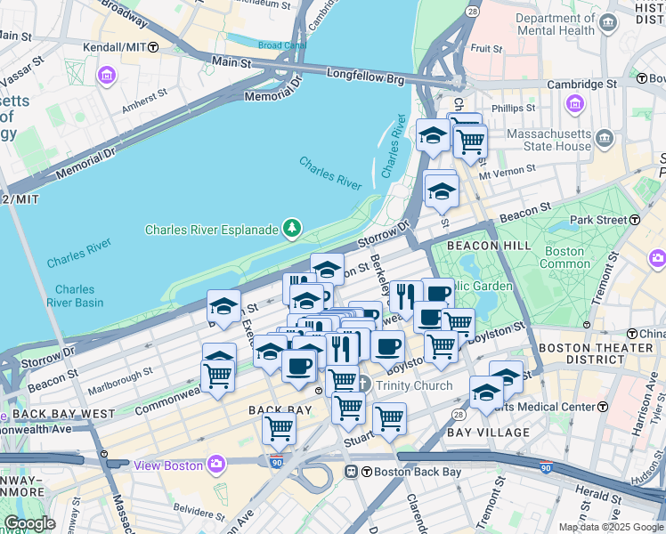 map of restaurants, bars, coffee shops, grocery stores, and more near 180 Beacon Street in Boston