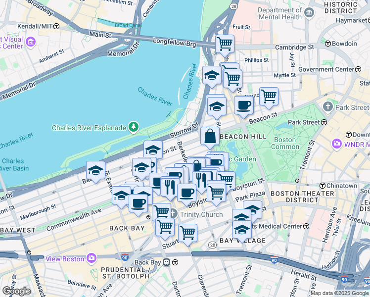 map of restaurants, bars, coffee shops, grocery stores, and more near 62 Marlborough Street in Boston