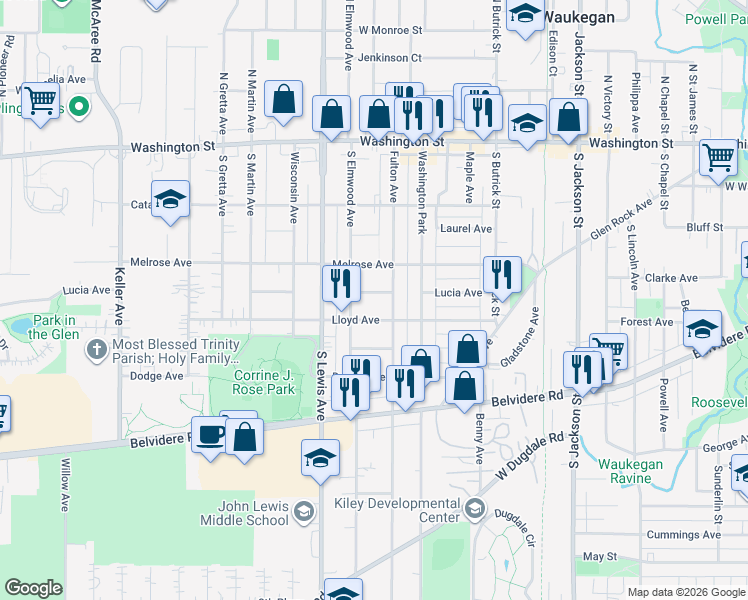 map of restaurants, bars, coffee shops, grocery stores, and more near 1716 Lloyd Avenue in Waukegan