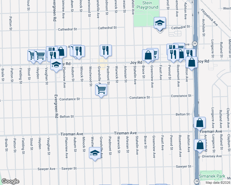 map of restaurants, bars, coffee shops, grocery stores, and more near 8317 Warwick Street in Detroit
