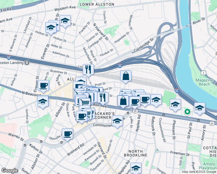 map of restaurants, bars, coffee shops, grocery stores, and more near 56 Gardner Street in Boston