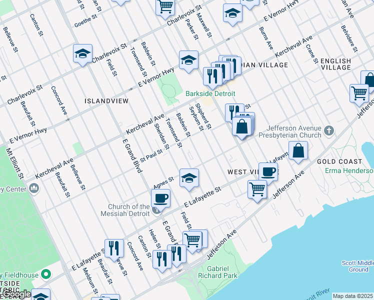 map of restaurants, bars, coffee shops, grocery stores, and more near 1456 Sheridan Street in Detroit
