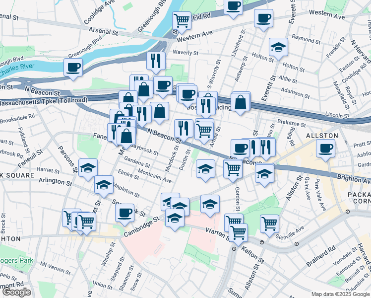 map of restaurants, bars, coffee shops, grocery stores, and more near 104 Dustin Street in Boston