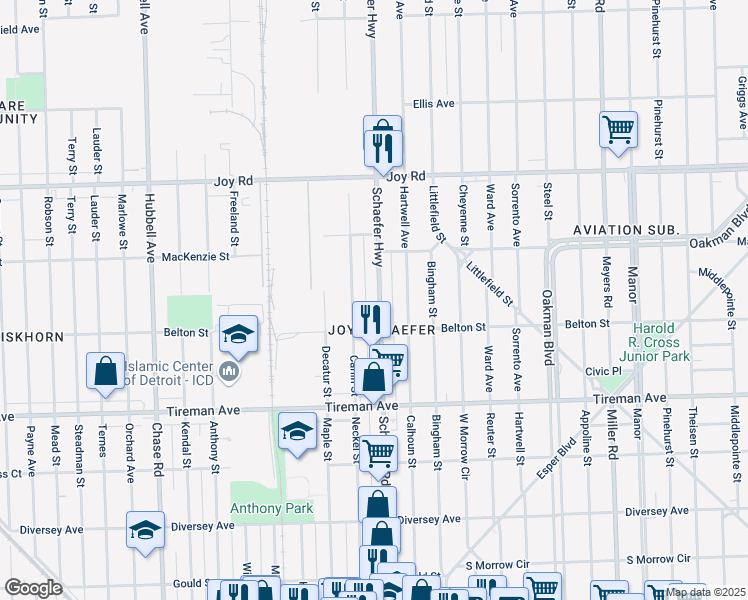 map of restaurants, bars, coffee shops, grocery stores, and more near 8259 Schaefer Highway in Detroit