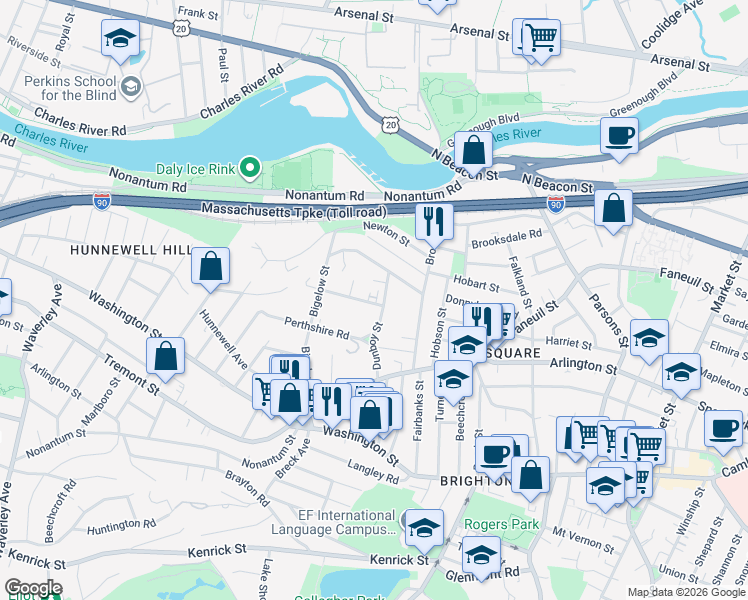 map of restaurants, bars, coffee shops, grocery stores, and more near 61 Dunboy Street in Boston