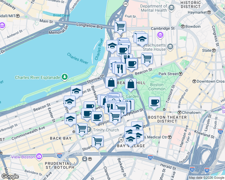 map of restaurants, bars, coffee shops, grocery stores, and more near Arlington Street & Marlborough Street in Boston