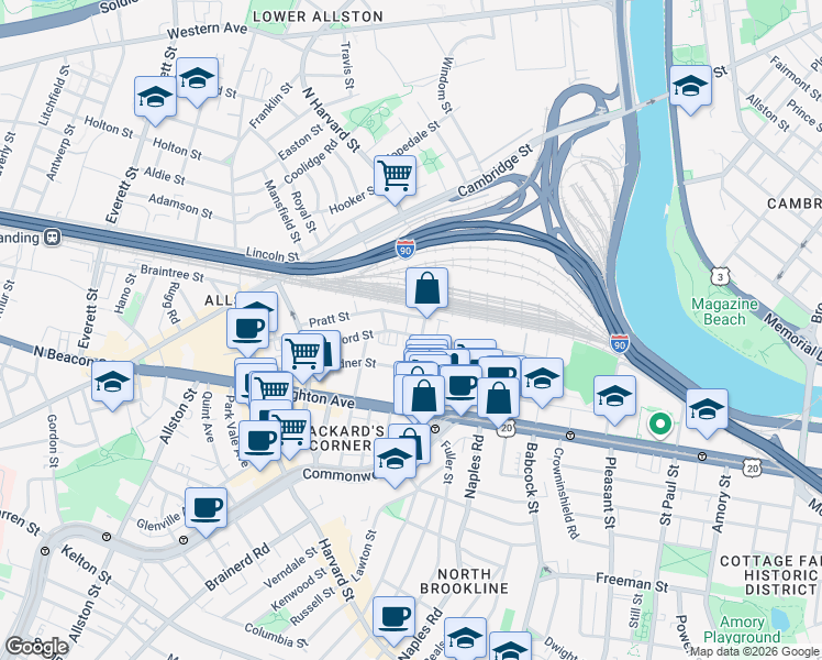 map of restaurants, bars, coffee shops, grocery stores, and more near 52 Ashford Street in Boston