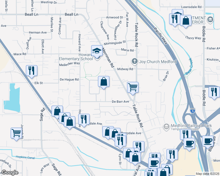 map of restaurants, bars, coffee shops, grocery stores, and more near 425 De Barr Avenue in Medford