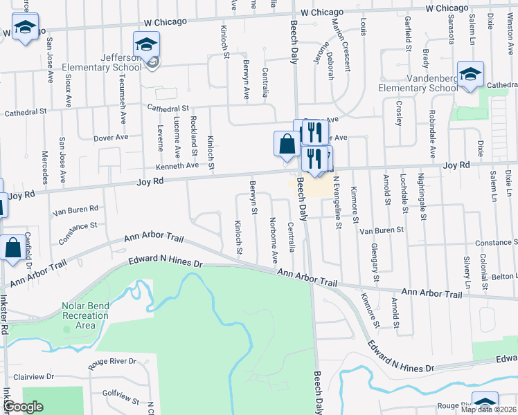 map of restaurants, bars, coffee shops, grocery stores, and more near 8551 Norborne Avenue in Dearborn Heights